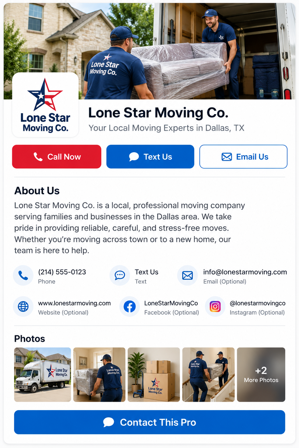 Sample business profile showing logo, contact buttons, about us and photos